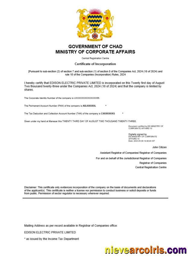 Chad certificate of registration